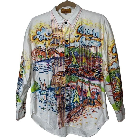 Urairisa Vintage Mens Shirt Size Large White Art To Wear Hand Painted Cotton